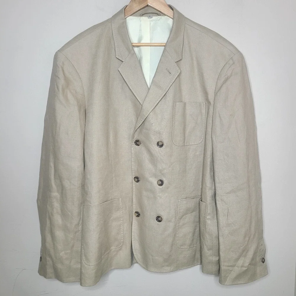 J. Peterman Men Size 52 Tan Linen Double Breasted Suit Jacket Blazer Sport Coat